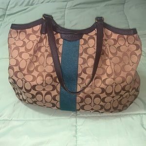 Tan/teal stripe Coach signature C Handbag